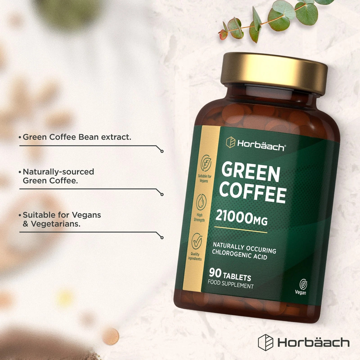 Green Coffee Bean supplement with 21000MG, 90 vegan tablets.