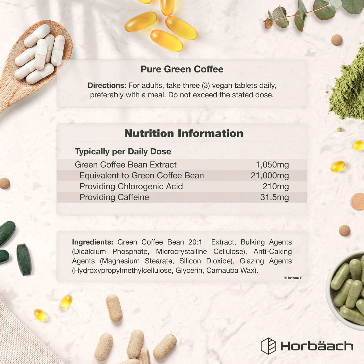 Vegan tablets containing 21,000mg equivalent of pure green coffee bean.