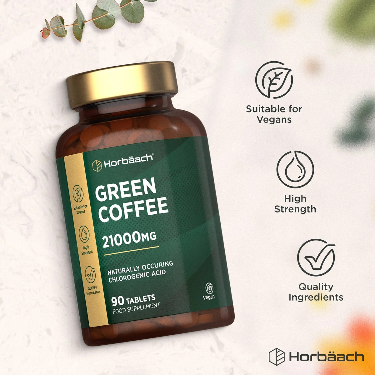 Horbäach Green Coffee 21000mg 90 Tablets with naturally occurring Chlorogenic Acid. Vegan, high strength, quality ingredients.
