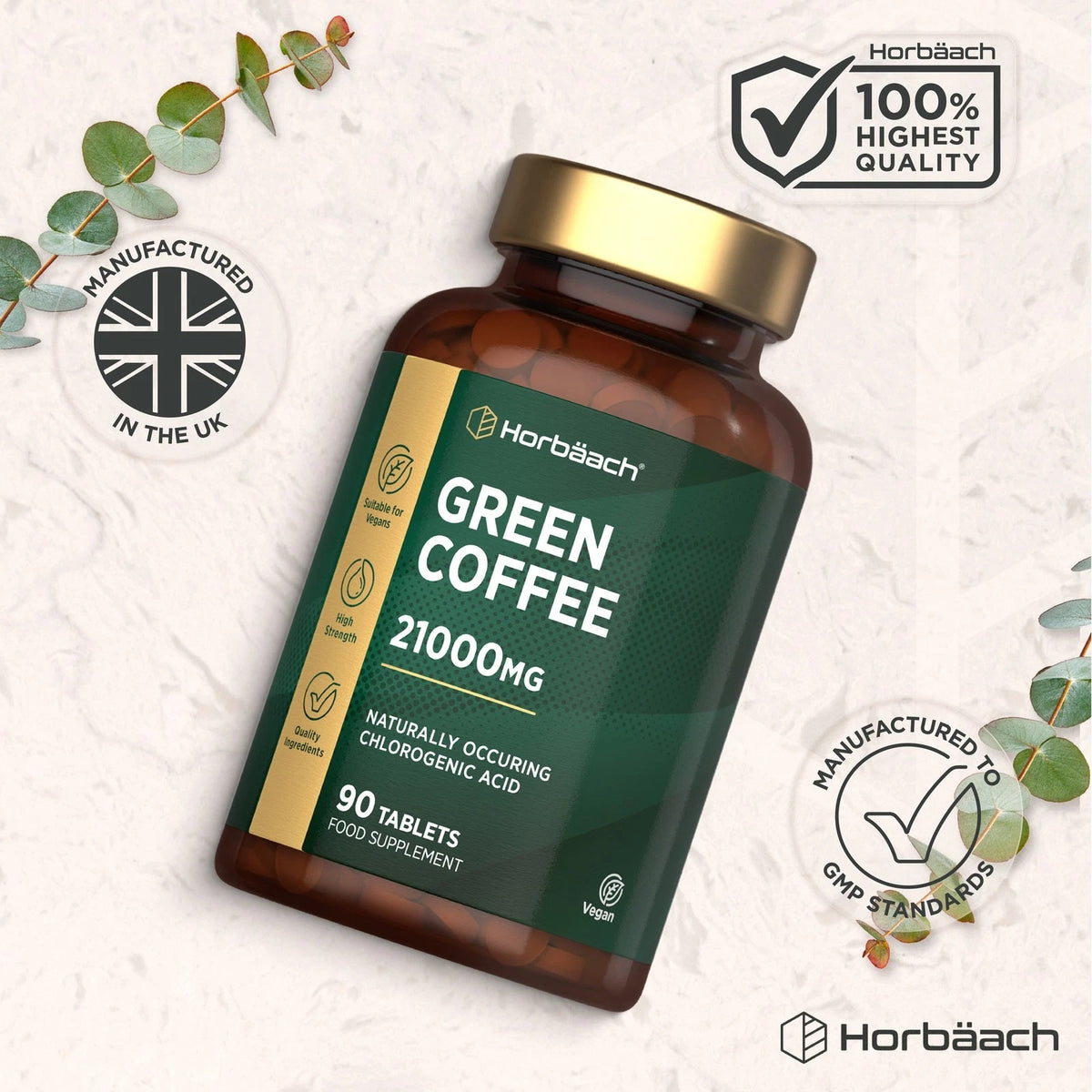 Horbäach Green Coffee Bean 21000mg, 90 Vegan Tablets. Made in UK, GMP Standards, 100% high quality, suitable for vegans.