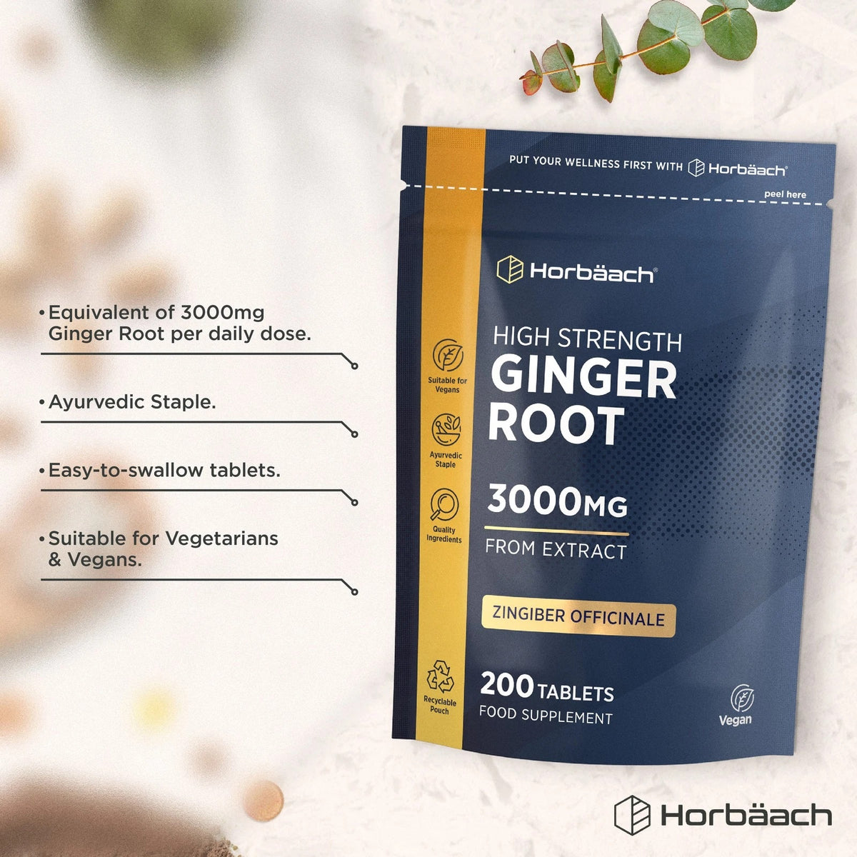 High Strength Ginger Root 3000mg from extract, Zingiber Officinale, 200 Tablets Food Supplement bottle image.