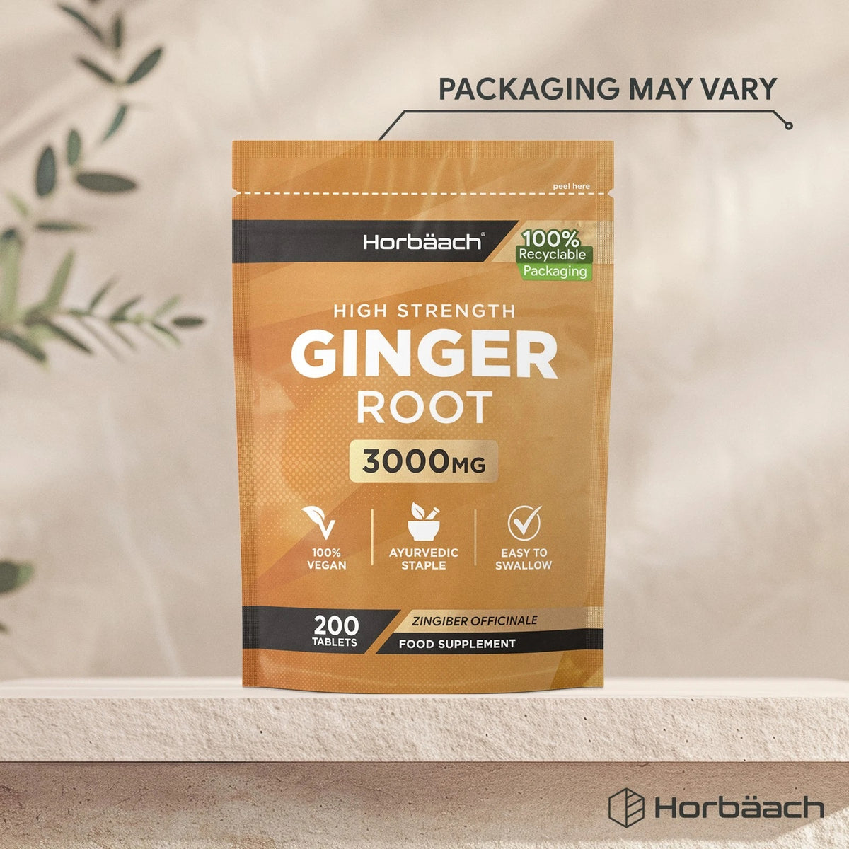 Horbäach Ginger Root 3000MG supplement with 200 tablets in fully recyclable packaging.