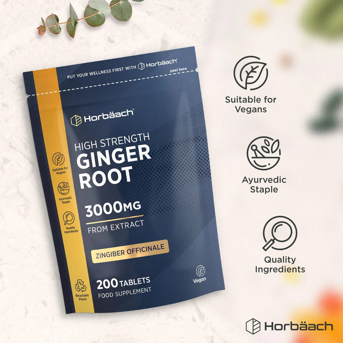 High Strength Ginger Root 3000mg extract, 200 tablets, food supplement in a pouch.