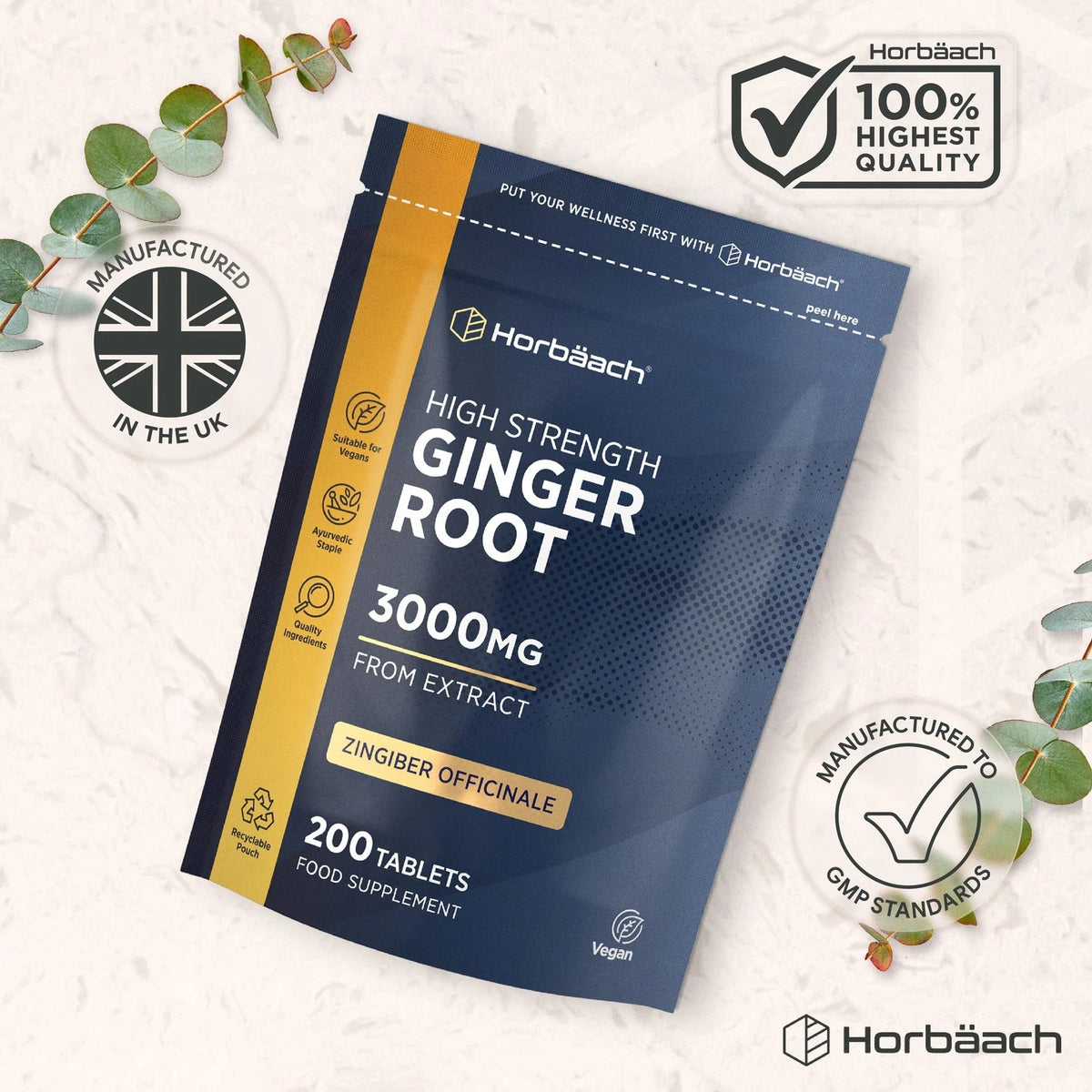 Horbäach High Strength Ginger Root 3000mg food supplement, 200 tablets in a pouch. Complete dietary support.