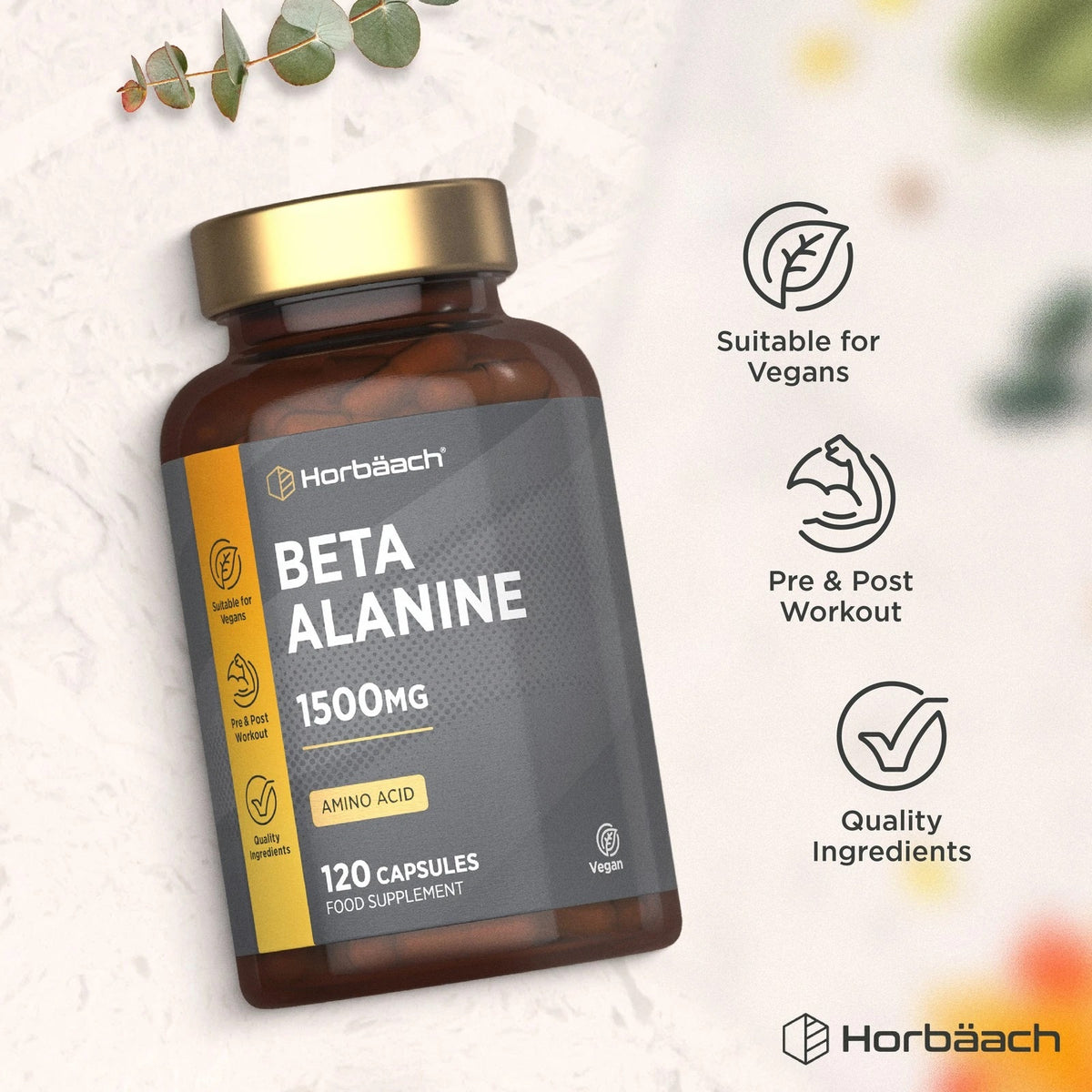 Horbäach Beta Alanine supplement with 1500mg, 120 vegan capsules for enhanced workout performance.