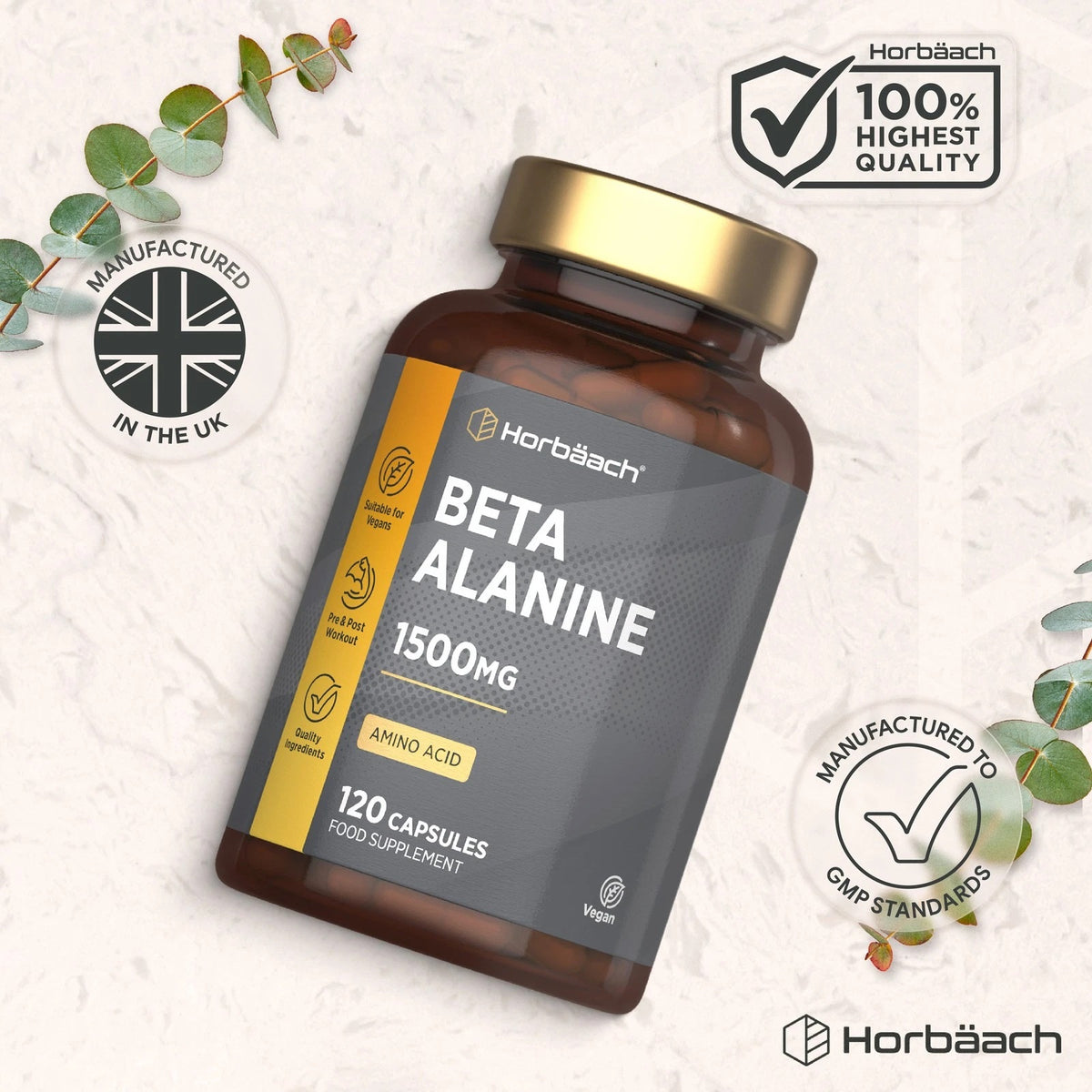 Horbäach Beta Alanine 1500mg offers 120 vegan capsules in a bottle, providing a quality supplement for fitness enthusiasts.