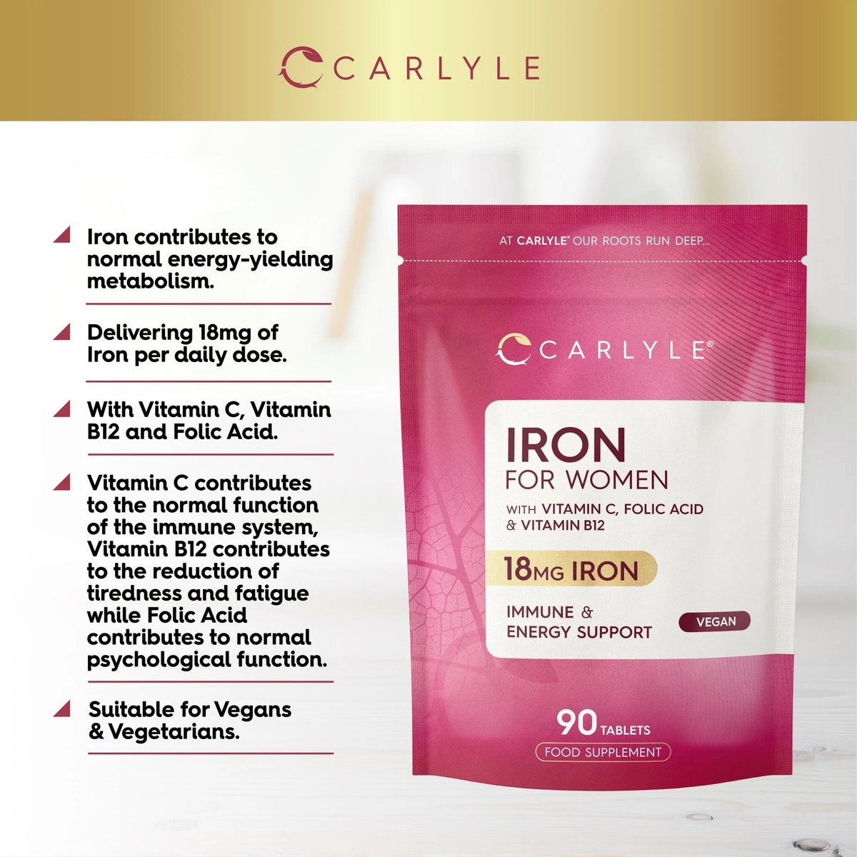 Product highlights graphic stating Iron for energy, 18mg Iron daily, Vit C, B12, Folic Acid for immune, fatigue, & psych support, Vegan & Vegetarian.