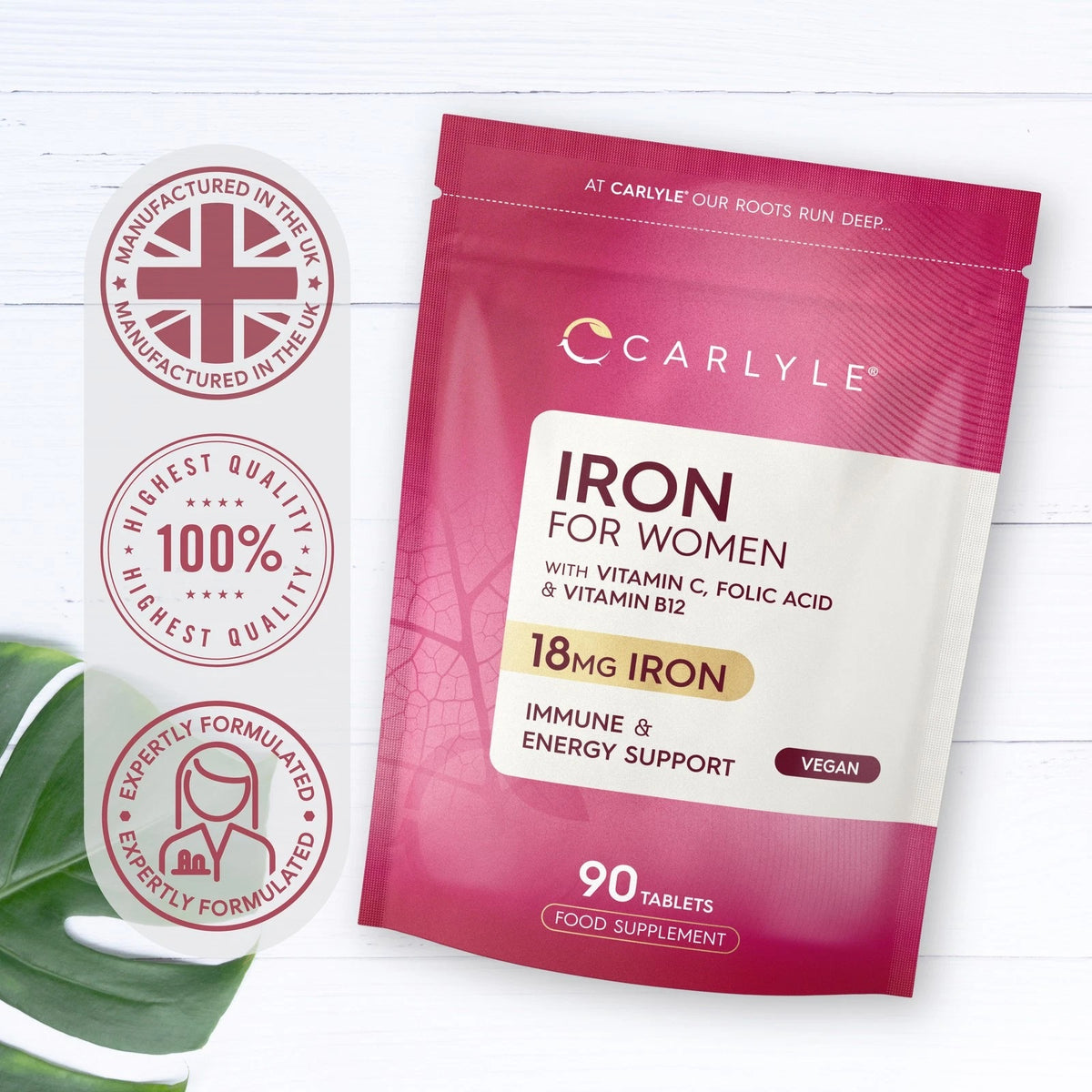 Carlyle Iron for Women, 90 Tablets with 18mg Iron, Vitamin C, Folic Acid, and Vitamin B12, Vegan.