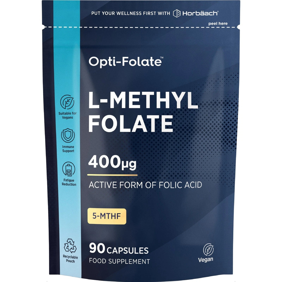 Opti-Folate L-Methyl Folate 400µg 90 Vegan Capsules as active form of folic acid, food supplement.