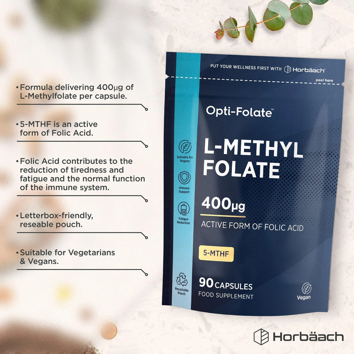 L-Methylfolate 400µg, 90 vegan capsules in a resealable pouch. Provides active form of Folic Acid as a food supplement.