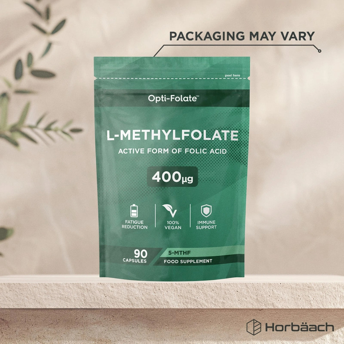 Opti-Folate L-Methylfolate 400ug, 90 vegan capsules in a pouch.