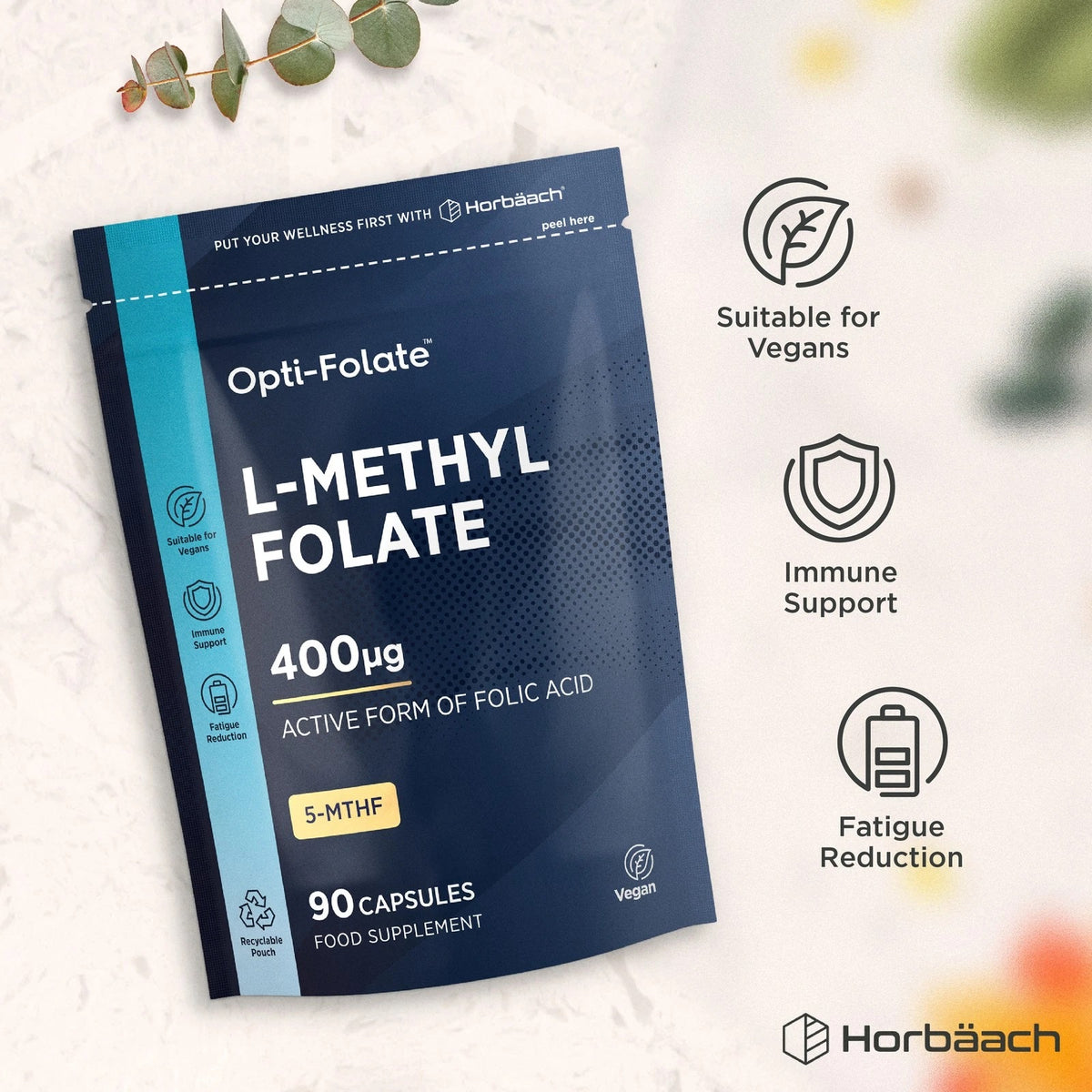 Opti-Folate L-Methyl Folate 400µg, 90 vegan capsules, dietary supplement.