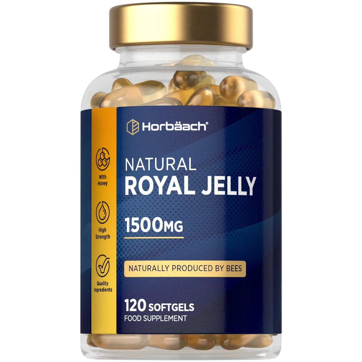 Natural Royal Jelly 1500mg 120 Softgels. A food supplement naturally produced by bees.