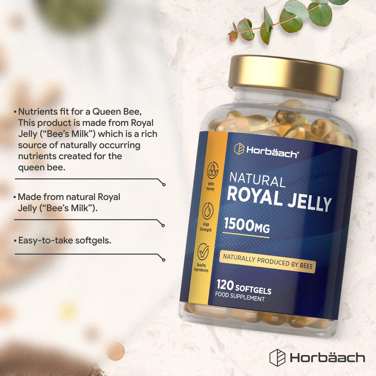 Horbäach Natural Royal Jelly 1500mg, 120 Softgels with Honey, High Strength, Quality Ingredients, Naturally Produced by Bees.