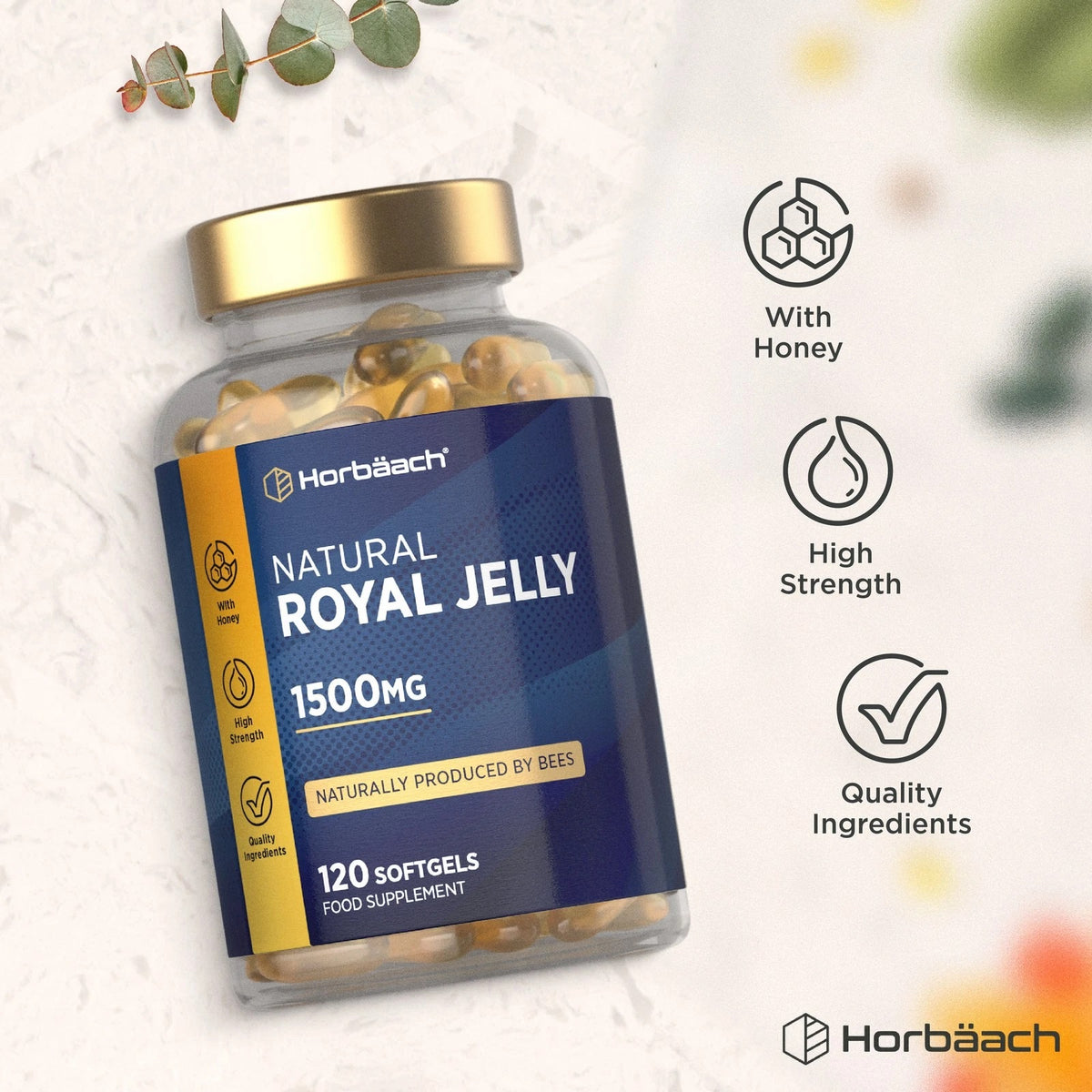 Bottle of Natural Royal Jelly 1500mg, containing 120 softgels naturally produced by bees.