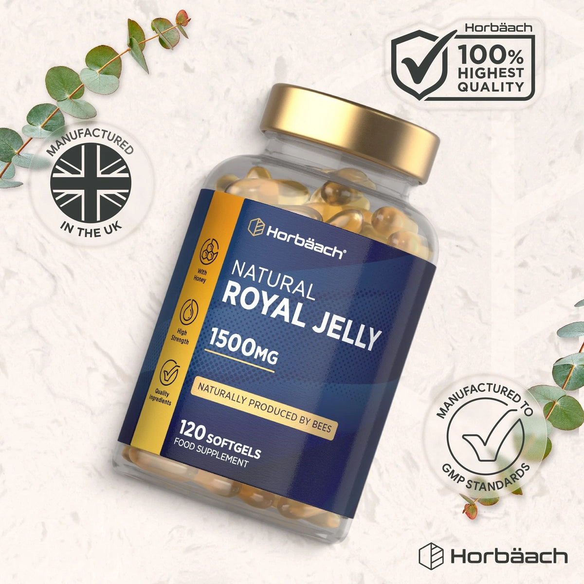 Horbäach Natural Royal Jelly supplement, 1500mg, 120 softgels in a bottle.