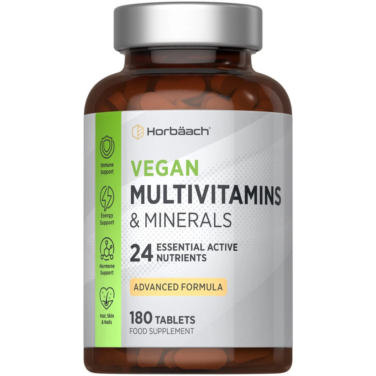Horbäach Vegan Multivitamins & Minerals, 180 Tablets, support immune, energy, hormone, hair, skin, and nails.