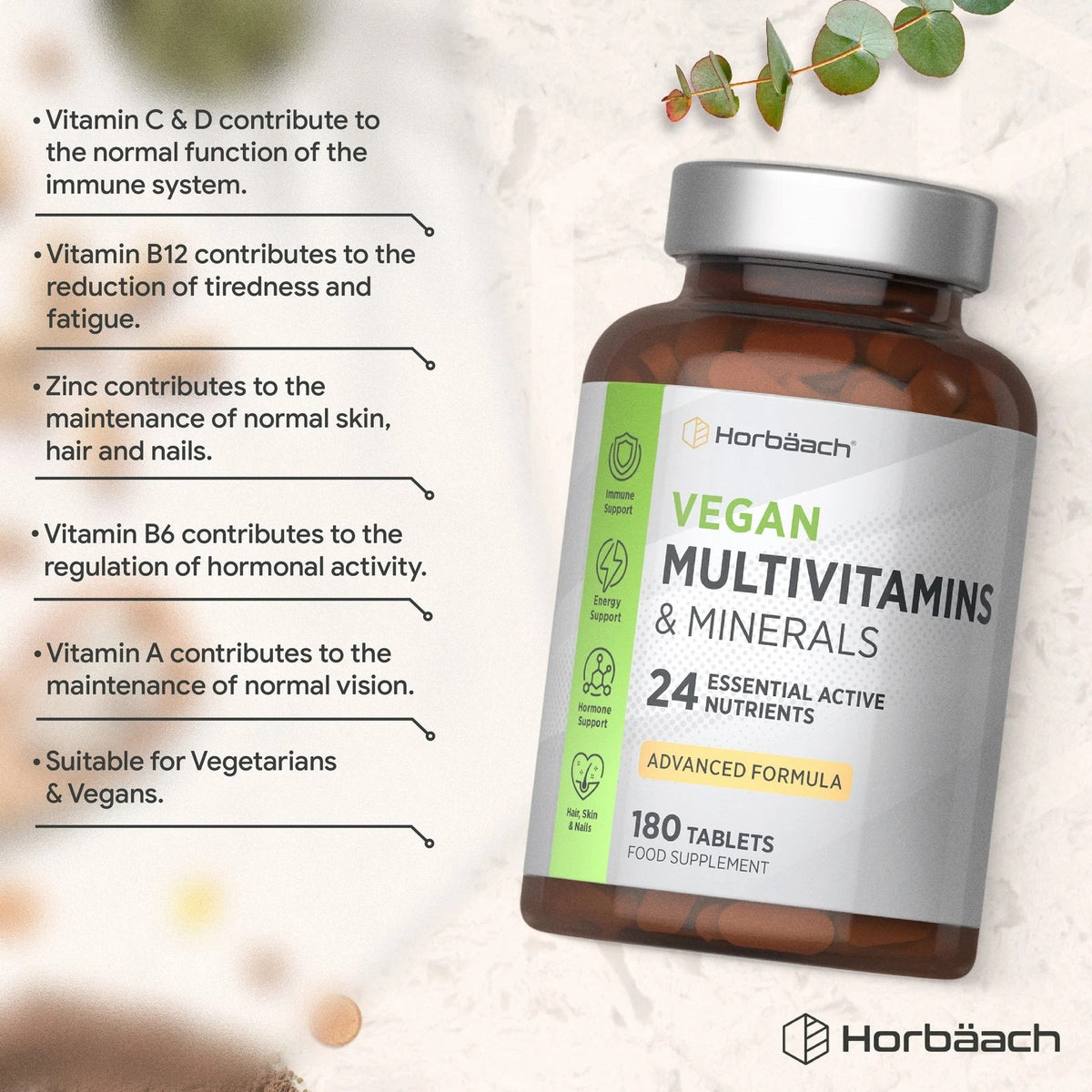 Product highlights graphic stating C & D: immune support, B12: reduces tiredness/fatigue, Zinc: skin/hair/nails, B6: hormonal activity, A: normal vision, Veg & Vegan.