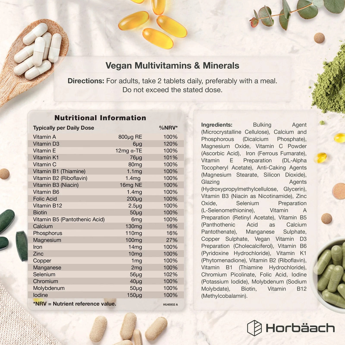 Vegan Multivitamin & Mineral product image showing white capsules, green capsules, and brown tablets, with nutritional facts and ingredients.