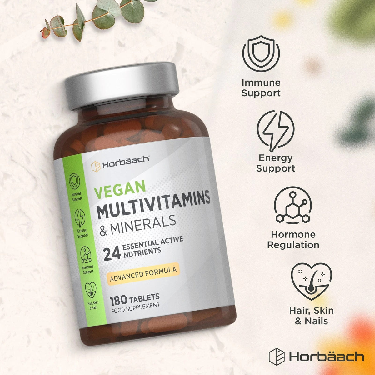 Horbäach Vegan Multivitamins & Minerals, 180 tablets food supplement.