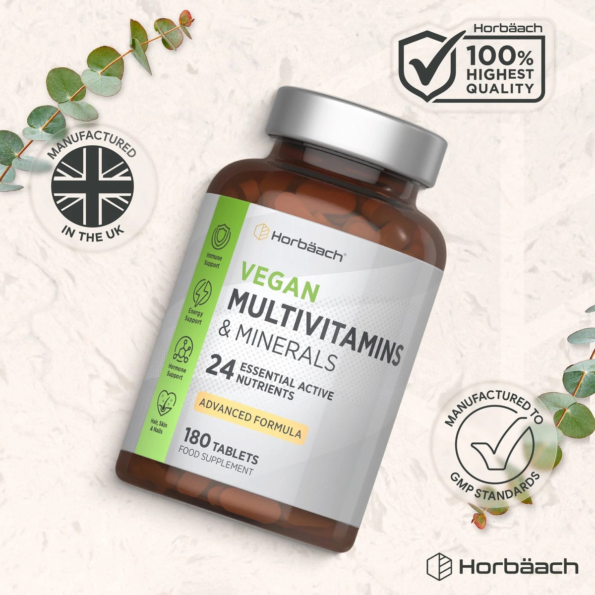 Horbäach Vegan Multivitamins & Minerals, 180 Tablets Supplement with 24 Essential Nutrients, Advanced Formula.