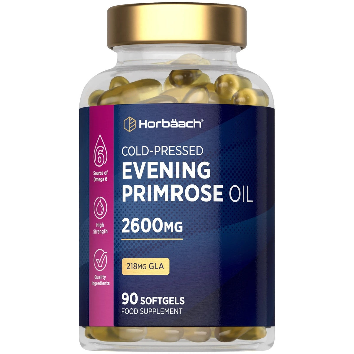 Horbäach Cold-Pressed Evening Primrose Oil 2600mg with 218mg GLA, 90 softgels as a food supplement.
