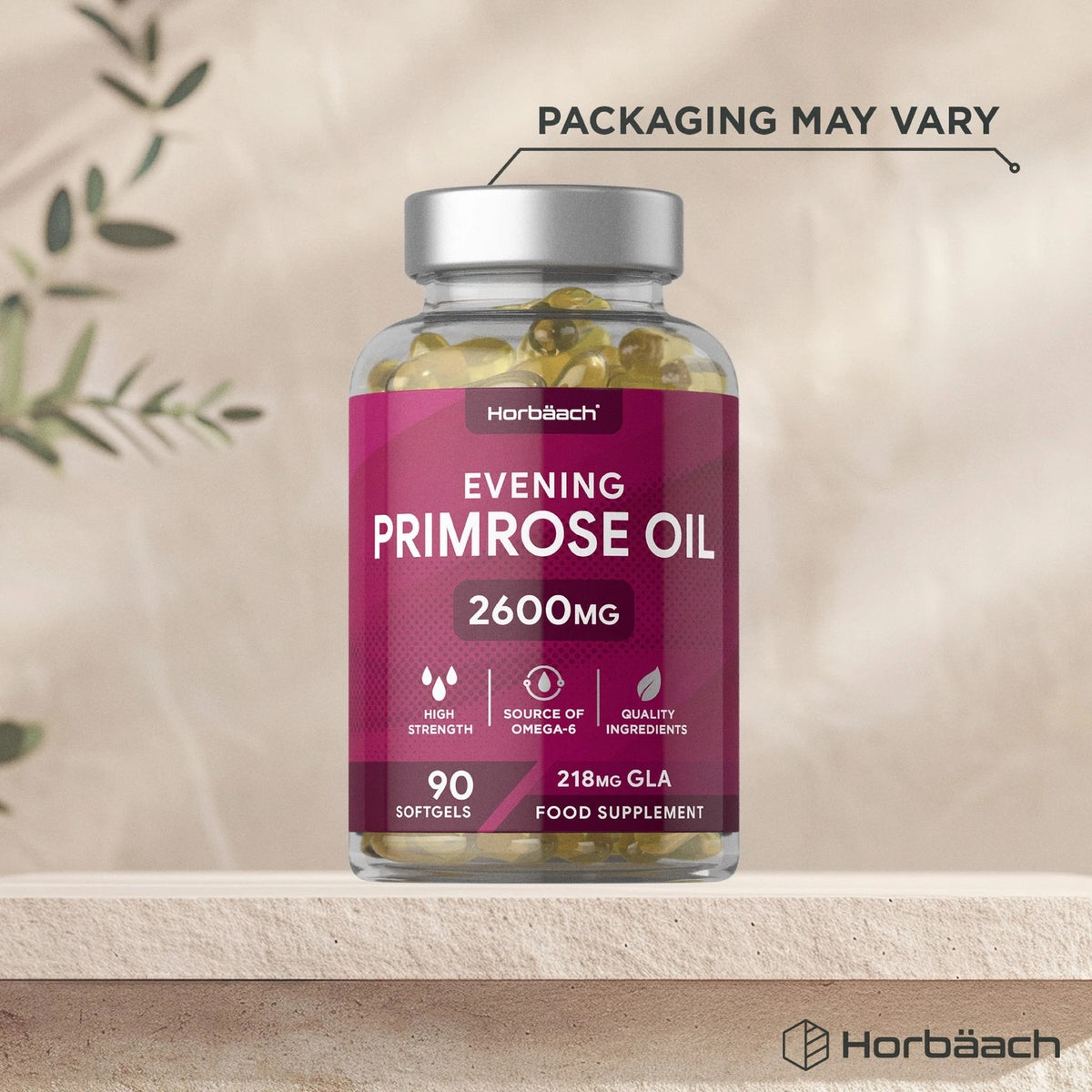 Horbäach Evening Primrose Oil 2600mg, 90 Softgels. Contains 218mg GLA per serving for optimal health support.