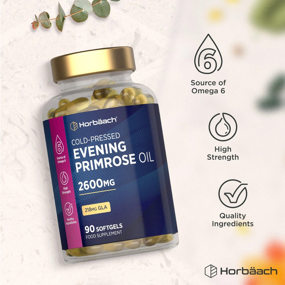 Horbäach Cold-Pressed Evening Primrose Oil 2600mg, 218mg GLA, 90 Softgels, offered as a food supplement.