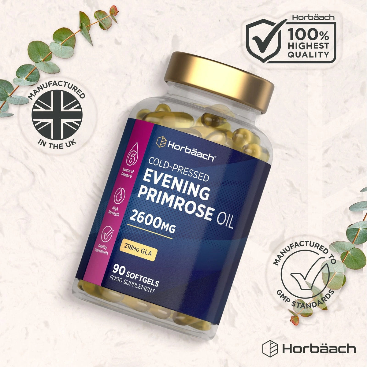 Horbäach Cold-Pressed Evening Primrose Oil 2600mg, 90 Softgels in a bottle.
