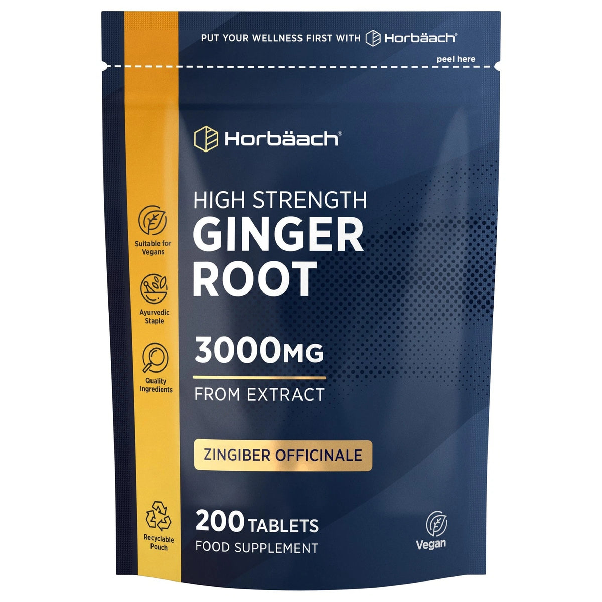 High Strength Ginger Root 3000mg extract tablets, 200-count food supplement for health support.