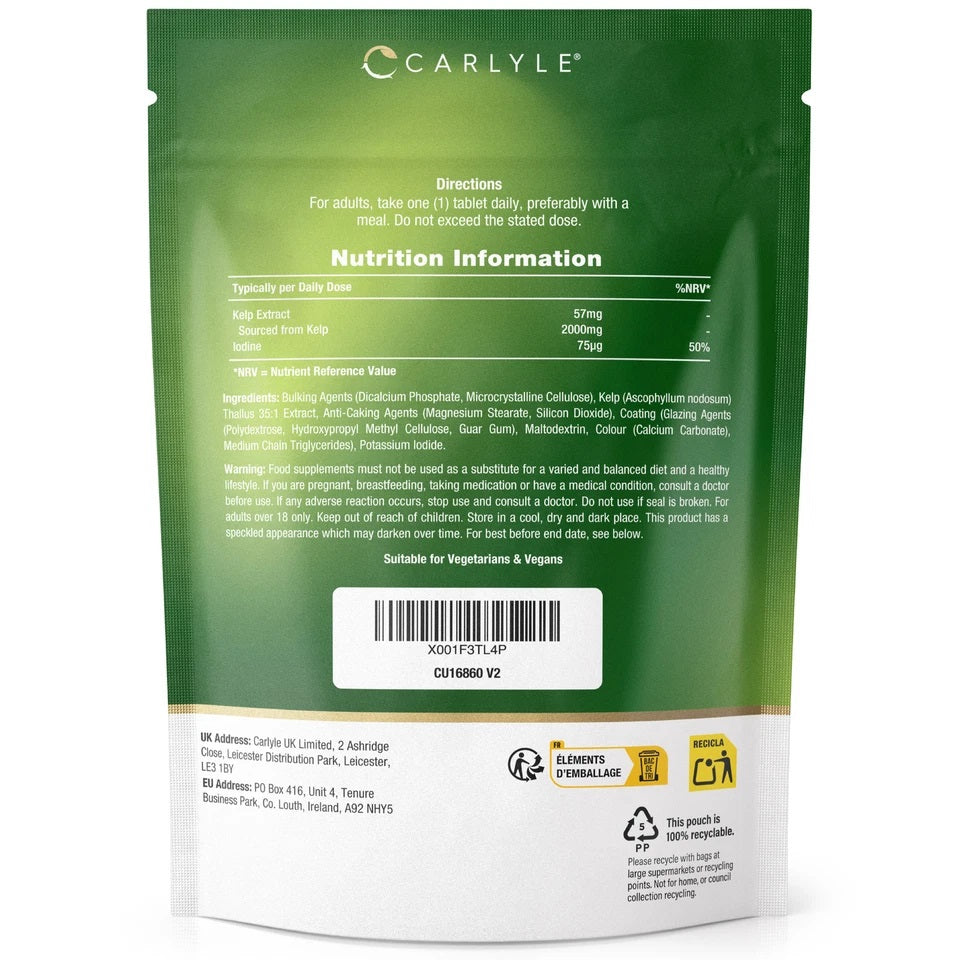 A pouch containing 240 tablets of Sea Kelp, each tablet providing 2000mg, designed for dietary supplementation.