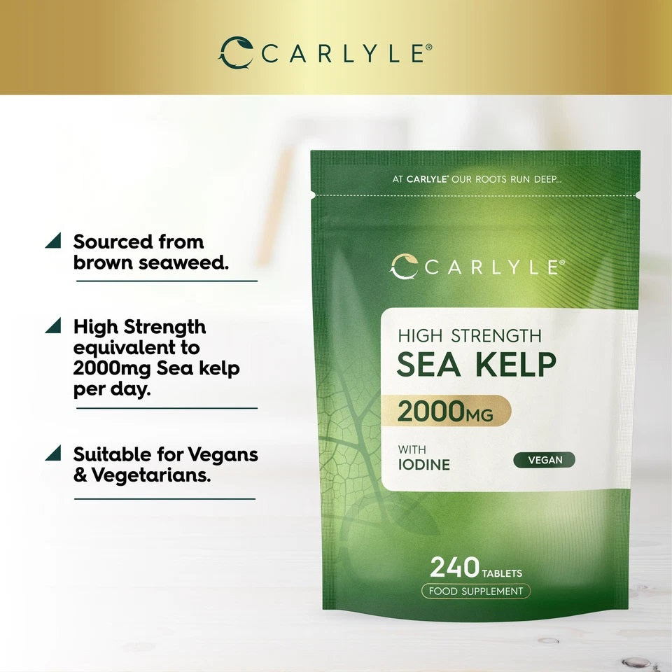 Carlyle Sea Kelp 2000mg with Iodine, 240 Tablets. Sourced from brown seaweed, suitable for Vegans & Vegetarians.