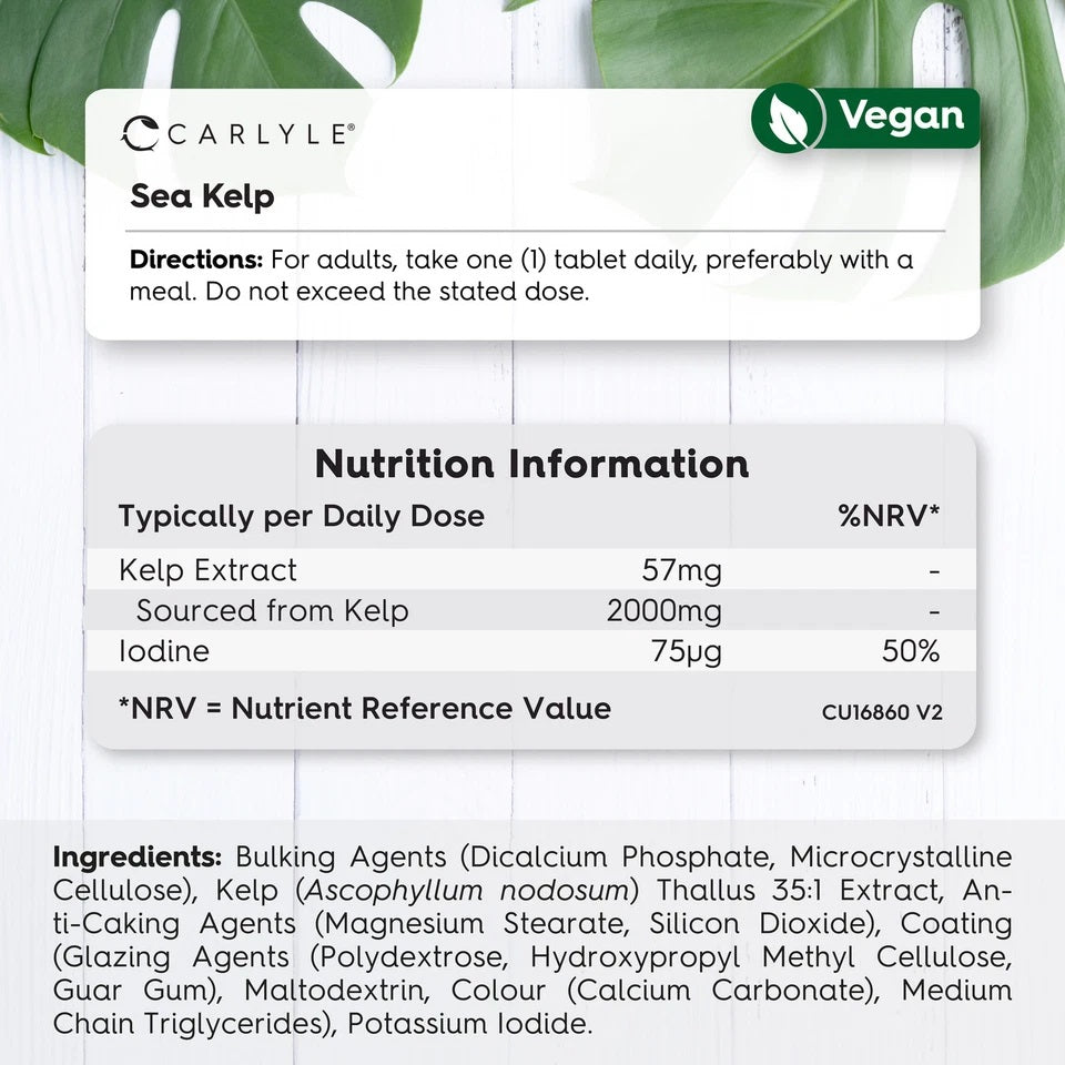 Carlyle Sea Kelp 2000mg Tablets product details graphic featuring Vegan badge, nutrition facts, and ingredients.