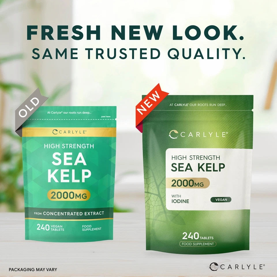 Two pouches of Carlyle High Strength Sea Kelp 2000mg, 240 Vegan Tablets, Food Supplement, showing old and new packaging.