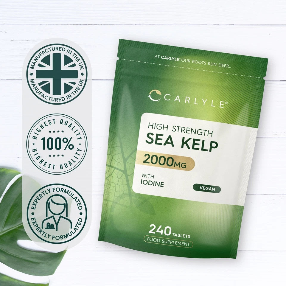 Carlyle High Strength Sea Kelp 2000mg with Iodine, 240 Tablets, Vegan Food Supplement pouch.