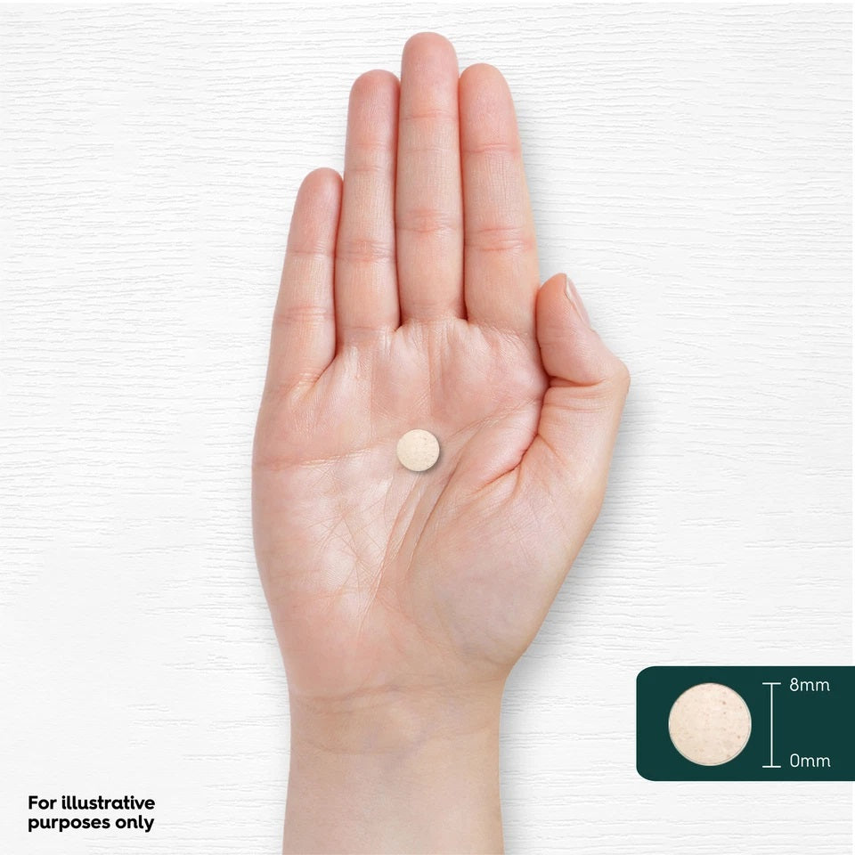 A Sea Kelp tablet, measuring 8mm, is displayed on a hand, showcasing its compact size.