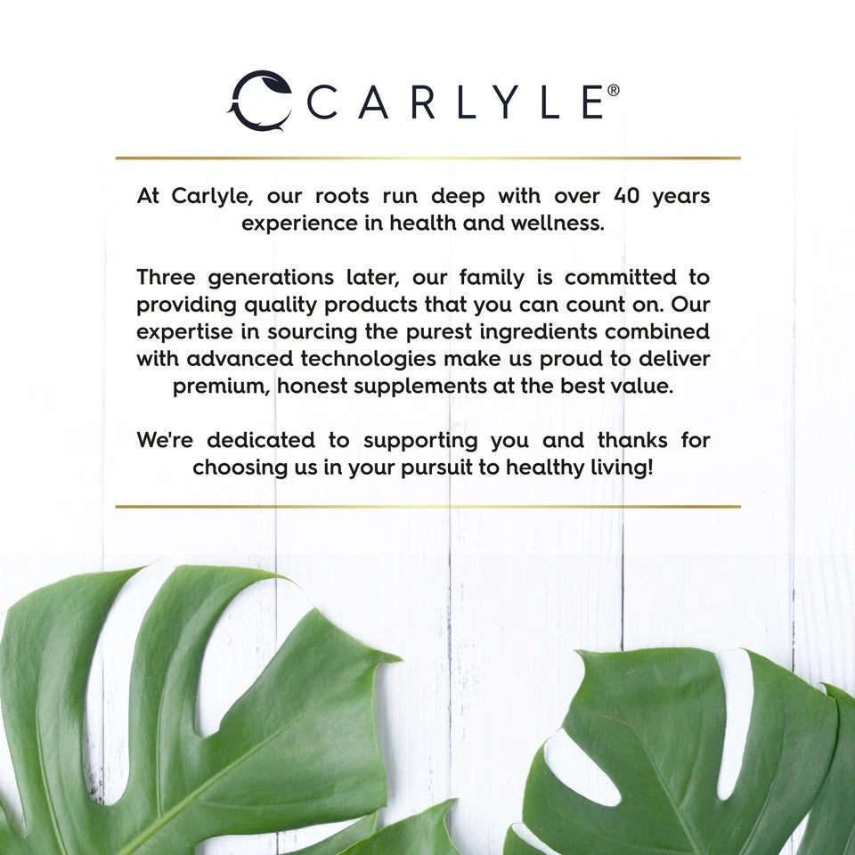 Carlyle highlights 40 years of health and wellness expertise, offering high-quality supplements.