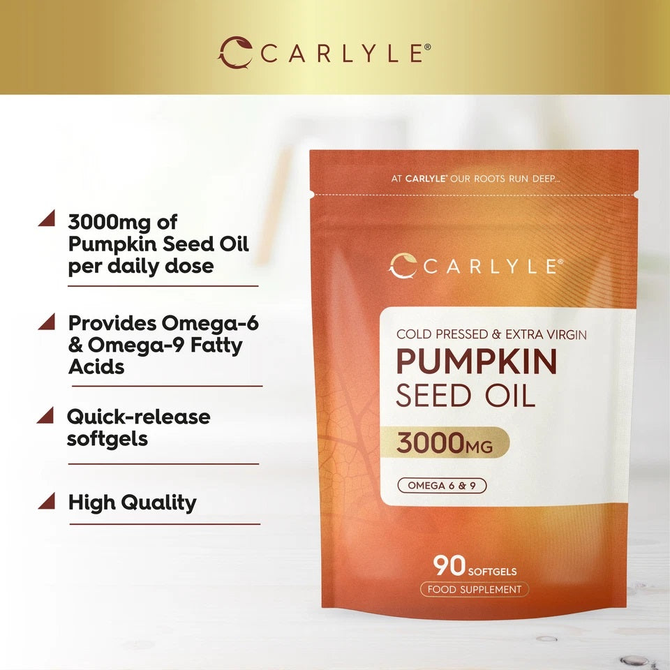 Carlyle Pumpkin Seed Oil 3000mg, 90 softgels, food supplement pouch.