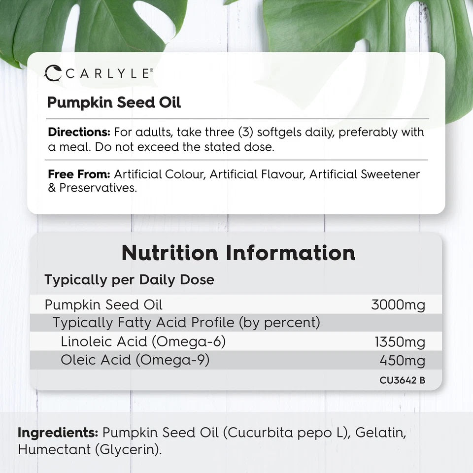 Carlyle Pumpkin Seed Oil label with 3000mg daily dose, free from artificial colors, flavors, sweeteners, and preservatives.