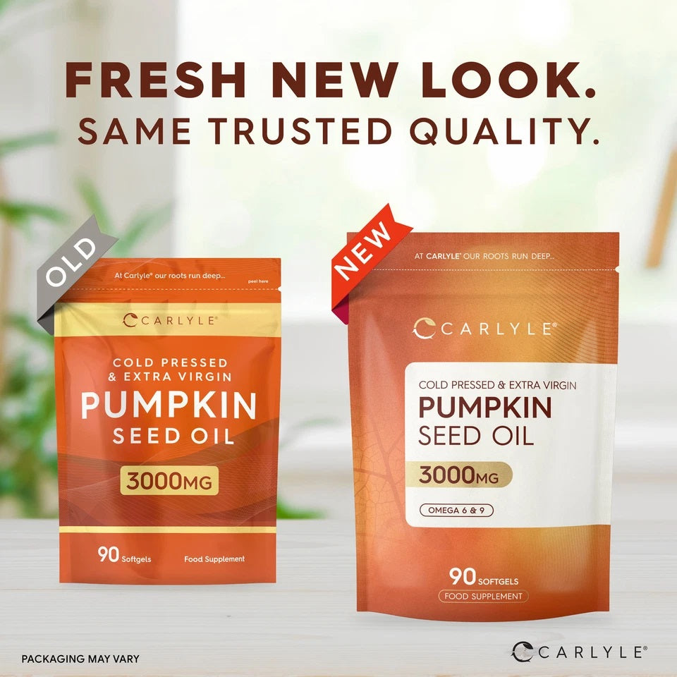 Fresh new look with the same trusted quality: Pumpkin Seed Oil 3000mg, 90 softgels, cold-pressed, extra virgin, with Omega 6 and 9.