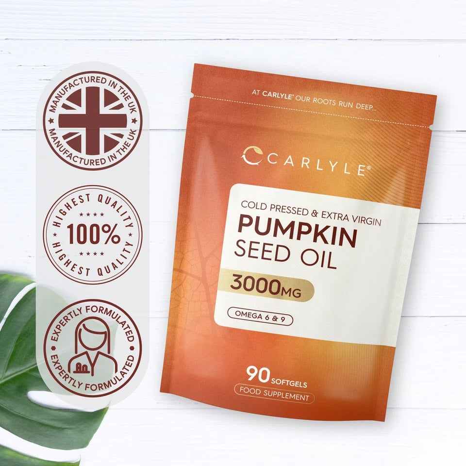 Carlyle Pumpkin Seed Oil 3000mg softgels, cold-pressed and extra virgin, with Omega 6 and 9, as a food supplement.