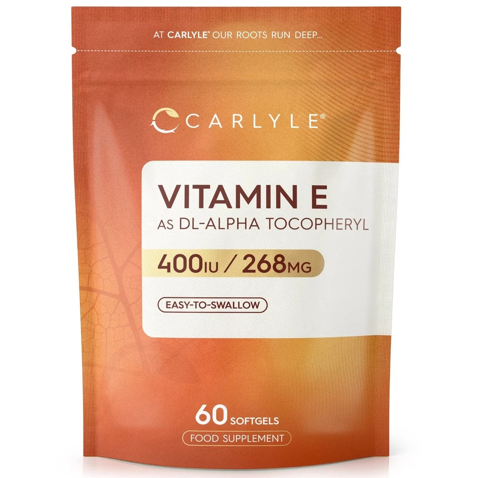 Carlyle Vitamin E 400 IU / 268 mg as DL-Alpha Tocopheryl, 60 easy-to-swallow softgels. Food supplement.