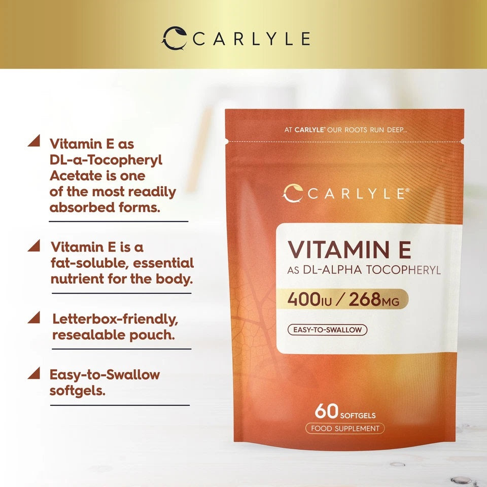 Carlyle Vitamin E DL-Alpha Tocopheryl 400IU/268MG, 60 easy-to-swallow softgels in a food supplement pouch.