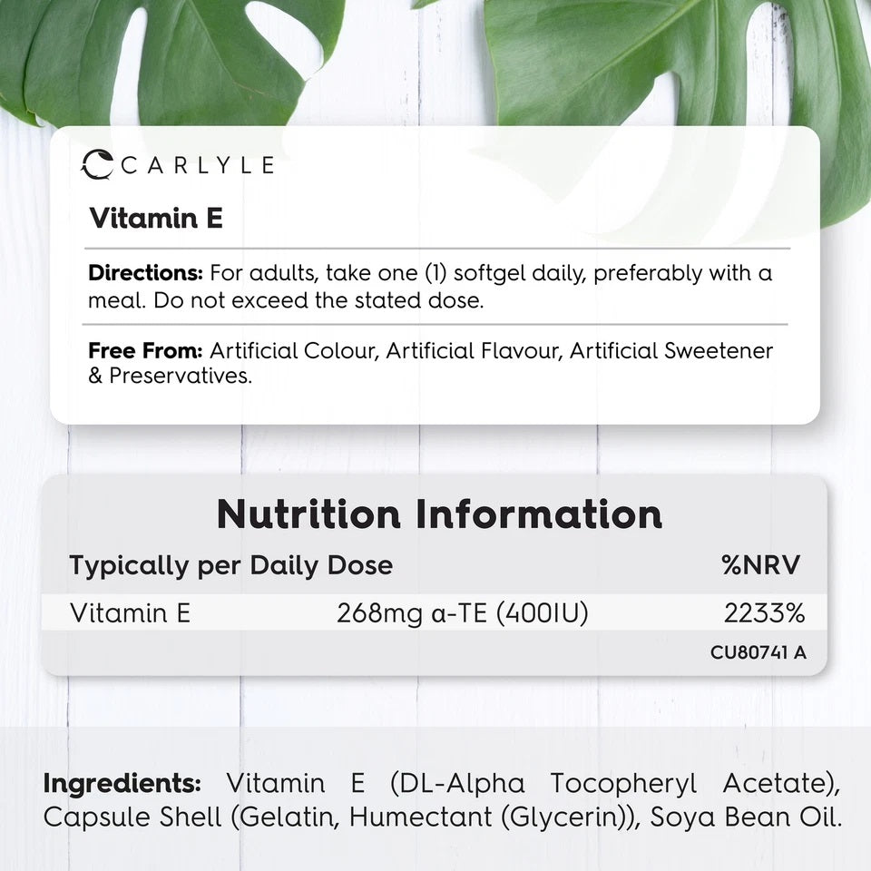Carlyle Vitamin E 400IU Softgels in a clear bottle with a white label, offering natural antioxidant support.