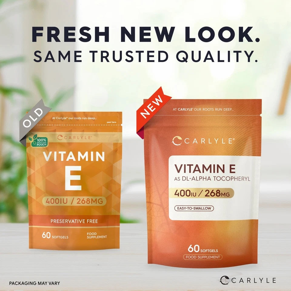 Carlyle Vitamin E 400IU/268MG, 60 Softgels food supplement pouches showing their fresh new look.