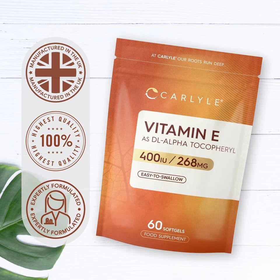Carlyle Vitamin E as DL-Alpha Tocopheryl 400IU / 268MG, 60 softgels food supplement.