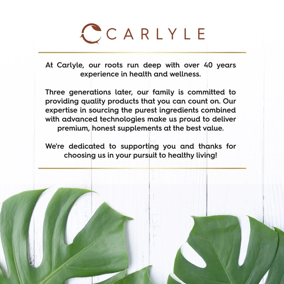 Carlyle logo with text on company's 40+ years in health/wellness, commitment to quality, pure ingredients & honest supplements.