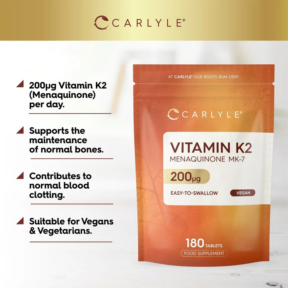 Product highlights graphic stating 200µg Vitamin K2 daily, Supports normal bones, Contributes to normal blood clotting, Suitable for Vegans & Vegetarians.