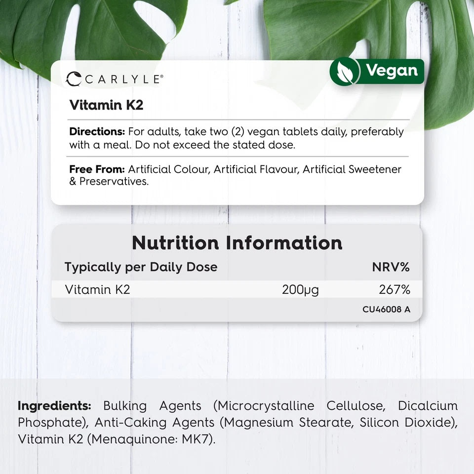Vitamin K2 200ug info card detailing vegan tablets, daily use, allergen-free claims, nutrition, and ingredients.
