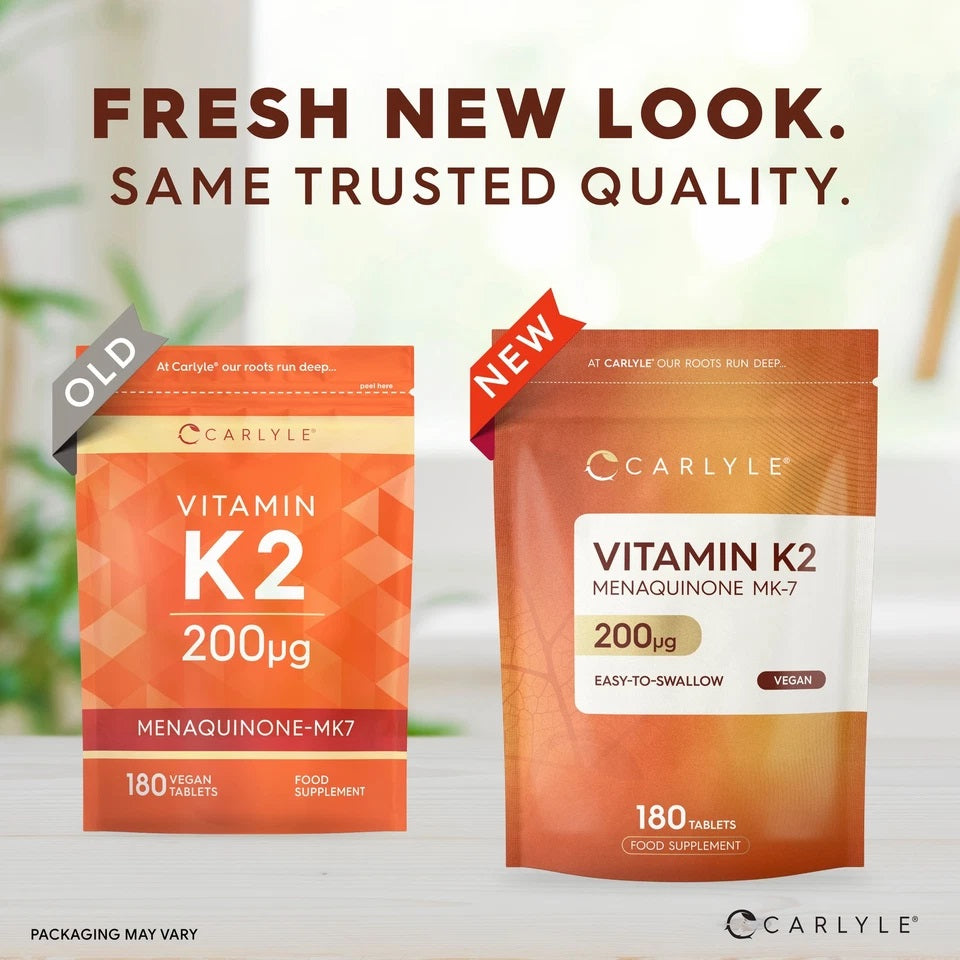 Carlyle Vitamin K2 MK-7 200µg, 180 Vegan Tablets, Food Supplement, shown in old and new pouch packaging.